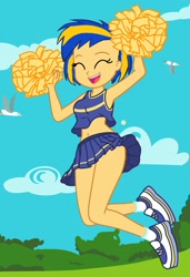 Size: 1397x2048 | Tagged: safe, artist:mlpfan3991, oc, oc only, oc:flare spark, bird, human, equestria girls, g4, belly button, cheerleader, cheerleader outfit, clothes, eyes closed, female, jumping, midriff, open mouth, open smile, outdoors, pom pom, shoes, skirt, sky, smiling, solo