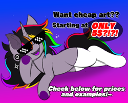 Size: 790x634 | Tagged: safe, artist:woofpoods, oc, oc only, oc:strobestress, pony, unicorn, advertisement, advertisement in description, advertising, commission, commission info, commission open, gradient background, sexy, solo