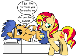 Size: 1024x760 | Tagged: safe, artist:candianmatt, flash sentry, sunset shimmer, pegasus, pony, unicorn, g4, bandage, duo, female, injured, lying down, male, mare, on back, pillow, rubbing hooves, ship:flashimmer, shipping, simple background, stallion, straight, transparent background