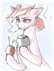 Size: 3000x4000 | Tagged: safe, artist:tendocake, nurse redheart, earth pony, pony, g4, bags under eyes, cigarette, depressed, female, fetlock tuft, hoof hold, mare, mate, simple background, smoking, solo, sweat, sweatdrop, teapot