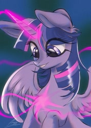 Size: 1053x1479 | Tagged: safe, artist:k_lash147, twilight sparkle, alicorn, pony, g4, chest fluff, eye clipping through hair, female, glowing, glowing horn, horn, magic, magic aura, mare, signature, solo, spread wings, twilight sparkle (alicorn), wings