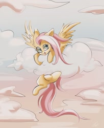 Size: 1127x1381 | Tagged: safe, artist:k_lash147, fluttershy, pegasus, pony, g4, cloud, colored, female, looking at you, mare, on a cloud, open mouth, open smile, sky, smiling, smiling at you, solo, spread wings, wings