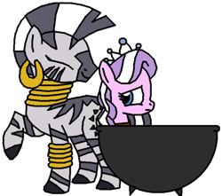 Size: 686x606 | Tagged: safe, artist:girlsvoreboys, diamond tiara, zecora, pony, zebra, g4, cauldron, duo, female, filly, foal, person as food, simple background, this will end in vore, transparent background