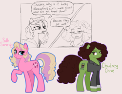 Size: 3300x2550 | Tagged: safe, artist:queertrixie, derpibooru exclusive, earth pony, pony, blue eyes, brown eyes, closed mouth, clothes, comic, crossover, duo, eyebrows, female, frown, high res, legally blonde, lidded eyes, looking at someone, looking back, mare, movie reference, open mouth, pink background, ponified, raised eyebrow, raised hoof, shirt, simple background, smiling, speech, speech bubble, standing, talking, unamused, white background