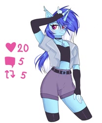 Size: 1110x1333 | Tagged: safe, artist:arllistar, oc, oc only, oc:candy star, unicorn, anthro, choker, clothes, evening gloves, explicit source, female, gloves, jewelry, long gloves, looking at you, mare, midriff, necklace, short shirt, shorts, simple background, solo, white background