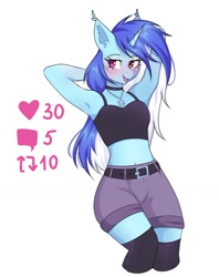 Size: 1188x1501 | Tagged: safe, artist:arllistar, oc, oc only, oc:candy star, unicorn, anthro, arm behind head, armpits, blushing, choker, clothes, explicit source, female, jewelry, looking at you, mare, midriff, necklace, open mouth, open smile, partially undressed, shorts, simple background, smiling, socks, solo, stripping, thigh highs, white background