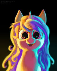 Size: 2000x2500 | Tagged: safe, artist:calebpedigo, pony, unicorn, black background, bust, female, high res, looking at you, mare, open mouth, open smile, simple background, smiling, smiling at you, solo