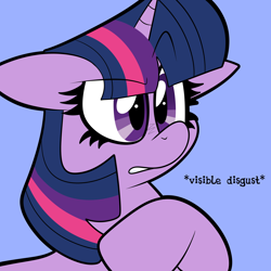 Size: 2000x2000 | Tagged: safe, artist:saveraedae, twilight sparkle, pony, unicorn, g4, blue background, disgusted, ears back, eyebrows, eyebrows visible through hair, featured image, female, floppy ears, high res, looking offscreen, mare, raised hoof, reaction image, simple background, solo, twilight sparkle is not amused, unamused, unicorn twilight
