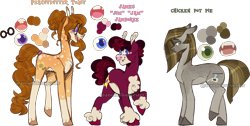 Size: 2594x1310 | Tagged: safe, artist:anomalousjester, oc, oc only, oc:chicken pot pie, oc:james jamboree, oc:peanutbutter toast, earth pony, pony, female, male, mare, offspring, parent:cheese sandwich, parent:pinkie pie, parents:cheesepie, siblings, simple background, stallion, transparent background, trio