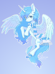 Size: 1500x2000 | Tagged: artist needed, safe, oc, oc only, oc:冰雪孤星, alicorn, pony, alicorn oc, clothes, gradient background, horn, scarf, solo, striped scarf, wings