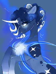 Size: 1600x2133 | Tagged: artist needed, source needed, safe, oc, oc:星烛, pony, unicorn, chest fluff, coat markings, colored, colored horn, concave belly, constellation, curved horn, ethereal mane, eyebrows, eyelashes, female, glowing, glowing eyes, gradient hooves, half body, hooves, horn, leg fluff, lighting, long mane, looking down, mare, rearing, side view, sketch, slender, solo, starry mane, stars, sternocleidomastoid, teeth, thin, unicorn oc, white eyes