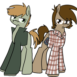 Size: 700x700 | Tagged: safe, artist:supernaturalismagic, earth pony, pony, tumblr:supernaturalismagic, brothers, clothes, dean winchester, duo, male, sam winchester, shirt, siblings, simple background, stallion, supernatural, white background