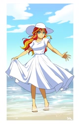 Size: 1200x1877 | Tagged: safe, artist:dalsegno, sunset shimmer, human, equestria girls, g4, barefoot, beach, clothes, cute, dress, feet, hat, looking at you, partially submerged, passepartout, shimmerbetes, smiling, smiling at you, solo, standing in water, sun hat, sundress, water