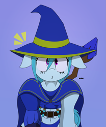Size: 997x1200 | Tagged: safe, artist:isaac_pony, oc, oc only, oc:tiny sapphirus, pony, unicorn, belt, clothes, dungeons and dragons, emanata, fantasy, fantasy class, femboy, gloves, hat, mage, male, pen and paper rpg, potion, purple background, rpg, simple background, solo, staff, tail, wizard hat, wizard robe