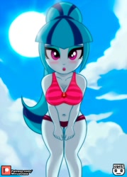 Size: 1071x1500 | Tagged: safe, alternate character, alternate version, artist:minusclass, part of a set, sonata dusk, human, equestria girls, g4, adorasexy, belly button, bikini, bikini bottom, bikini top, breasts, busty sonata dusk, cleavage, clothes, cloud, cute, eyeshadow, female, gem, legs, looking at you, looking down, looking down at you, makeup, midriff, open mouth, outdoors, patreon, patreon logo, ponytail, sexy, siren gem, sky, solo, sonatabetes, stupid sexy sonata dusk, sun, swimsuit