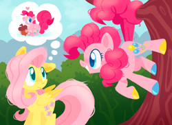 Size: 2048x1488 | Tagged: safe, artist:raystarkitty, fluttershy, pinkie pie, earth pony, pegasus, pony, squirrel, g4, it ain't easy being breezies, colored hooves, colored wings, cute, diapinkes, duo, female, floating heart, folded wings, grin, heart, heart eyes, hooves, looking at each other, looking at someone, mare, multicolored hooves, prehensile tail, scene interpretation, shyabetes, smiling, smiling at each other, tail, thought bubble, two toned wings, wingding eyes, wings