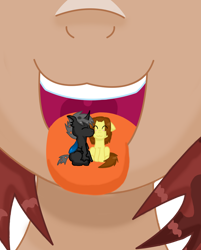 Size: 900x1118 | Tagged: safe, artist:kunoichipikachu, oc, oc only, oc:brownie bite, oc:stormraider, changeling, pony, cheek kiss, imminent vore, kissing, male, micro, shipping, sitting, stallion