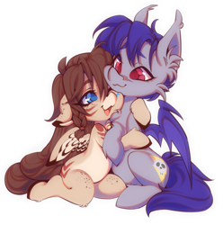 Size: 1653x1668 | Tagged: safe, artist:tolsticot, oc, oc only, oc:ondrea, oc:thunder run, bat pony, pegasus, pony, bat pony oc, cute, ear fluff, female, floppy ears, hug, kneeling, looking at each other, looking at someone, male, mare, oc x oc, open mouth, open smile, partially open wings, pegasus oc, shipping, simple background, sitting, smiling, stallion, straight, thundrea, white background, wings