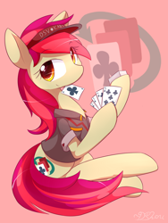 Size: 2700x3600 | Tagged: safe, artist:dshou, oc, oc only, earth pony, pony, clothes, cutie mark, cutie mark background, dealer, earth pony oc, female, high res, hoof hold, mare, mouth hold, playing card, shirt, simple background, sitting, solo, visor cap