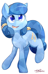 Size: 1250x1920 | Tagged: safe, artist:dshou, oc, oc only, oc:heart song, crystal pony, earth pony, pony, crystal pony oc, earth pony oc, female, looking up, mare, open mouth, simple background, smiling, solo, standing, standing on one leg, white background