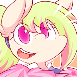 Size: 500x500 | Tagged: safe, artist:dshou, oc, oc only, oc:love note, earth pony, pony, bust, clothes, colored pupils, earth pony oc, female, hair tie, looking at you, open mouth, open smile, pom pom, portrait, smiling, solo