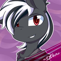 Size: 500x500 | Tagged: safe, artist:dshou, oc, oc only, oc:shadow moon, pony, bust, clothes, gray coat, grin, portrait, red eyes, robe, smiling, solo