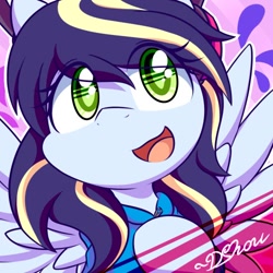 Size: 500x500 | Tagged: safe, artist:dshou, oc, oc only, oc:bubble splat, pegasus, pony, bust, clothes, green eyes, hoodie, looking up, open mouth, open smile, pegasus oc, portrait, smiling, solo, spread wings, sweat, sweatdrops, wavy mouth, wings