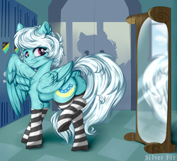 Size: 2200x2000 | Tagged: safe, alternate version, artist:silverfir, fleetfoot, pegasus, pony, g4, butt, chest fluff, clothes, commission, commissioner:fleetfoot, dock, ear fluff, female, fleetbutt, fluffy, high res, indoors, leg fluff, locker room, looking at you, looking back, looking back at you, mare, mirror, one wing out, plot, raised leg, sexy, smiling, smiling at you, socks, solo, striped socks, stupid sexy fleetfoot, tail, thigh highs, wings