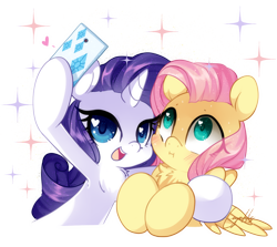 Size: 1286x1145 | Tagged: safe, artist:loyaldis, fluttershy, rarity, pegasus, pony, unicorn, g4, blushing, cellphone, chest fluff, curly mane, duo, duo female, female, heart, heart eyes, hoof hold, hooves to the chest, horn, hug, lesbian, looking up, mare, open mouth, open smile, phone, selfie, ship:flarity, shipping, simple background, smartphone, smiling, sparkles, transparent background, wingding eyes, wings