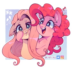 Size: 1176x1110 | Tagged: safe, artist:l4zy_4le, fluttershy, pinkie pie, earth pony, pegasus, pony, g4, cute, diapinkes, duo, duo female, female, floppy ears, hoof on cheek, mare, open mouth, open smile, passepartout, shyabetes, signature, smiling, squishy cheeks