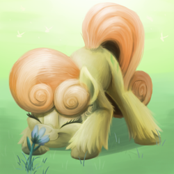 Size: 1080x1080 | Tagged: safe, artist:candy meow, junebug, earth pony, insect, pony, g4, abstract background, cheek fluff, cute, ear fluff, eyes closed, female, flower, grass, kneeling, leaning forward, leg fluff, mare, smelling, smiling, solo, unshorn fetlocks