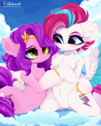 Size: 4000x5000 | Tagged: safe, artist:xsatanielx, pipp petals, zipp storm, pegasus, pony, semi-anthro, g5, absurd resolution, adorapipp, adorazipp, arm hooves, belly, belly fluff, chest fluff, cloud, colored eyebrows, cute, diadem, duo, duo female, ear fluff, eyebrows, female, fluffy, hug, human shoulders, jewelry, kneeling, looking at each other, looking at someone, mare, on a cloud, regalia, royal sisters (g5), siblings, sisters, sitting, sitting on a cloud, skinny pipp, sky, smiling, smiling at each other, spread wings, sternocleidomastoid, unshorn fetlocks, wings