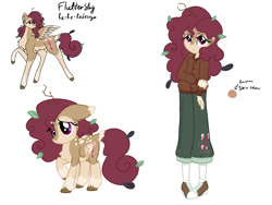 Size: 4000x3000 | Tagged: safe, artist:mushroombuttons1, fluttershy, deer, deer pony, human, hybrid, original species, pegasus, pony, equestria girls, g4, alternate design, belly fluff, body markings, branches, branches in hair, cheek fluff, clothes, coat markings, colored eartips, colored hooves, colored wings, colored wingtips, converse, dappled, ear fluff, ears back, eqg promo pose set, facial markings, female, folded wings, holding arms, leaf, leaves, leaves in hair, leg fluff, magenta eyes, mare, pale belly, pants, raised hoof, redesign, shoes, shy, simple background, socks, socks (coat markings), solo, spread wings, standing, sweater, turned head, twigs in hair, white background, wings