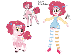 Size: 4000x3000 | Tagged: safe, artist:mushroombuttons1, pinkie pie, earth pony, human, pony, equestria girls, g4, afro, alternate design, beanbrows, body markings, candy, candy in hair, cheek fluff, chest fluff, clothes, coat markings, colored eartips, colored hooves, converse, dappled, ear fluff, eyebrows, facial markings, female, food, golden eyes, hairband, looking at you, mare, mismatched socks, one eye closed, open arms, open mouth, overalls, pale belly, raised hoof, redesign, shoes, short shirt, simple background, smiling, socks, socks (coat markings), solo, standing, striped socks, thigh highs, thigh socks, turned head, unshorn fetlocks, white background, wink, yellow eyes