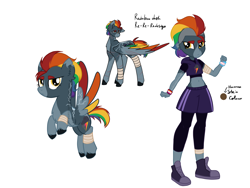 Size: 4000x3000 | Tagged: safe, artist:mushroombuttons1, rainbow dash, human, pegasus, pony, equestria girls, g4, alternate design, armband, bandage, bandaged leg, bandaid, bandaid on nose, bare midriff, belly button, blaze (coat marking), body scar, chest fluff, clenched fist, closed mouth, clothes, coat markings, colored eartips, colored hooves, colored wings, converse, cropped hoodie, ear piercing, earring, eqg promo pose set, facial markings, facial scar, female, flying, frown, golden eyes, jewelry, leg scar, leggings, lesbian pride flag, lightning pattern, mare, mohawk, multicolored wings, pale belly, piercing, pride, pride flag, rainbow wings, redesign, scar, shoes, short shirt, shorts, simple background, socks (coat markings), solo, spread wings, standing, torn ear, transgender pride flag, unshorn fetlocks, white background, wings, yellow eyes