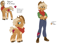 Size: 4000x3000 | Tagged: safe, artist:mushroombuttons1, applejack, earth pony, human, pony, equestria girls, g4, alternate design, applejack's hat, bandana, belly fluff, belt, belt buckle, blaze (coat marking), boots, chest fluff, clothes, coat markings, colored eartips, colored hooves, cowboy hat, crossed arms, cyan eyes, denim, ear fluff, facial markings, female, freckles, hat, jeans, lidded eyes, mare, neck fluff, neckerchief, pale belly, pants, redesign, shirt, shoes, simple background, socks (coat markings), solo, standing, thick eyebrows, turned head, unshorn fetlocks, white background