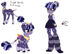 Size: 4000x3000 | Tagged: safe, artist:mushroombuttons1, twilight sparkle, alicorn, human, pony, equestria girls, g4, alternate design, belly fluff, blaze (coat marking), body markings, chest fluff, choker, clothes, coat markings, colored eartips, colored hooves, colored wings, crown, curved horn, cyan eyes, ear fluff, ear piercing, earring, facial markings, female, folded wings, frown, glasses, golden eyes, gradient wings, hair bun, heterochromia, horn, horn jewelry, jewelry, leg warmers, leonine tail, mare, necklace, pale belly, peytral, piercing, redesign, regalia, simple background, skirt, socks (coat markings), solo, standing, striped leg warmers, sweater vest, tail, tail jewelry, tiara, twilight sparkle (alicorn), unshorn fetlocks, white background, wings, yellow eyes