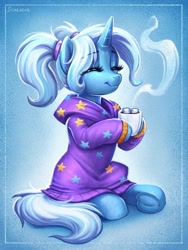 Size: 1200x1600 | Tagged: safe, artist:scheadar, trixie, pony, unicorn, g4, alternate hairstyle, babysitter trixie, chocolate, clothes, cute, diatrixes, eyebrows, eyebrows visible through hair, eyes closed, female, food, frog (hoof), holding, hoodie, horn, hot chocolate, mare, marshmallow, pigtails, signature, sitting, smiling, solo, twintails, underhoof