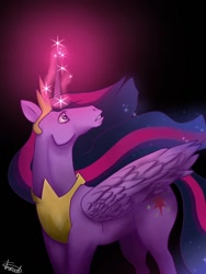 Size: 768x1024 | Tagged: safe, artist:an0rmal5, twilight sparkle, alicorn, pony, g4, the last problem, black background, crown, glowing, glowing horn, hoers, horn, jewelry, older, older twilight, older twilight sparkle (alicorn), princess twilight 2.0, regalia, signature, simple background, solo, twilight sparkle (alicorn)