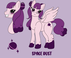 Size: 2538x2069 | Tagged: safe, artist:ohneechan, oc, oc only, oc:space dust, pegasus, pony, female, high res, mare, pegasus oc, purple background, reference sheet, side view, simple background, solo