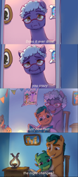 Size: 1920x4327 | Tagged: safe, artist:mythical artist, grandma figgy, hitch trailblazer, sparky sparkeroni, dragon, earth pony, pony, g5, baby, baby dragon, colt, cute, daaaaaaaaaaaw, female, foal, glasses, grandmother and grandchild, grandmother and grandson, hitchbetes, male, mare, one direction, papa hitch, picture frame, reading, smiling, song reference, stallion, text