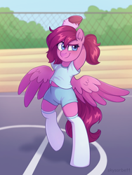 Size: 1536x2048 | Tagged: safe, artist:skysorbett, oc, oc only, pegasus, pony, bipedal, clothes, female, mare, outdoors, partially open wings, pegasus oc, shirt, shorts, socks, solo, sports, stadium, standing, standing on one leg, stretching, t-shirt, wings