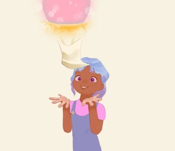 Size: 1572x1356 | Tagged: safe, artist:pascal571, izzy moonbow, human, g5, beige background, dark skin, female, humanized, lantern, looking at something, looking up, message, paper lantern, simple background, smiling, solo, younger