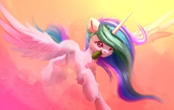 Size: 2663x1678 | Tagged: safe, artist:itssim, princess celestia, alicorn, pony, g4, cheek fluff, chest fluff, cucumber, female, fluffy, flying, food, leg fluff, looking at you, mare, mouth hold, smiling, smiling at you, solo, spread wings, unshorn fetlocks, wings