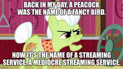 Size: 888x499 | Tagged: safe, edit, edited screencap, editor:quoterific, screencap, granny smith, earth pony, pony, g4, where the apple lies, back in my day, caption, image macro, solo, text