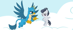 Size: 3000x1250 | Tagged: safe, artist:frownfactory, artist:sinkbon, artist:sproutscoutotp, artist:tomfraggle, edit, gallus, rumble, griffon, pegasus, pony, g4, cloud, colt, duo, duo male, finger gun, flying, foal, grin, lidded eyes, looking at you, male, sky, smiling, vector used