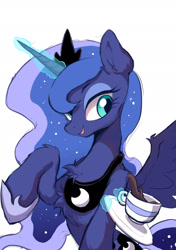 Size: 1535x2185 | Tagged: safe, artist:starbow, part of a set, princess luna, alicorn, pony, g4, chest fluff, crown, cup, cute, eyebrows, female, fluffy, food, glowing, glowing horn, hoof shoes, horn, jewelry, levitation, looking at you, lunabetes, magic, magic aura, mare, open mouth, open smile, plate, princess shoes, raised hoof, regalia, simple background, smiling, smiling at you, solo, spread wings, tea, teacup, telekinesis, white background, wings