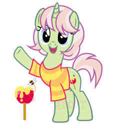 Size: 1280x1404 | Tagged: safe, artist:vi45, oc, oc only, pony, unicorn, g4, clothes, female, horn, mare, open mouth, open smile, raised hoof, shirt, simple background, smiling, solo, unicorn oc, white background