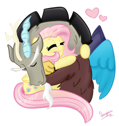 Size: 764x801 | Tagged: safe, artist:sugarcloud12, discord, fluttershy, draconequus, pegasus, pony, g4, eyes closed, female, hug, male, ship:discoshy, shipping, signature, simple background, smiling, straight, transparent background