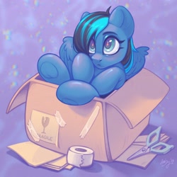 Size: 2048x2048 | Tagged: safe, artist:amishy, oc, oc only, pegasus, pony, box, eyebrows, high res, pegasus oc, pony in a box, scissors, signature, solo, tape, underhoof, wings
